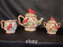Vintage Christmas Cardinal Tureen, Pitcher, Tea Pot Set. 5 Pc
