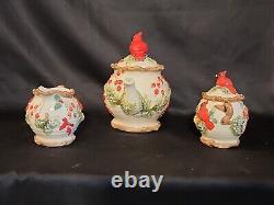 Vintage Christmas Cardinal Tureen, Pitcher, Tea Pot Set. 5 Pc