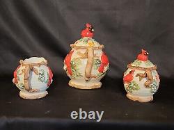 Vintage Christmas Cardinal Tureen, Pitcher, Tea Pot Set. 5 Pc