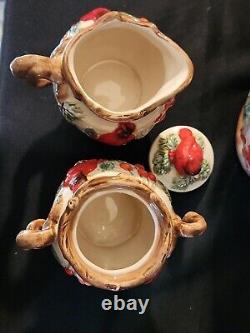 Vintage Christmas Cardinal Tureen, Pitcher, Tea Pot Set. 5 Pc