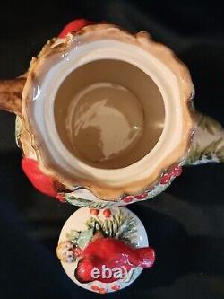 Vintage Christmas Cardinal Tureen, Pitcher, Tea Pot Set. 5 Pc