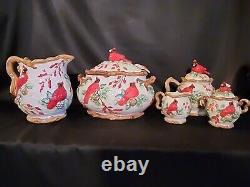Vintage Christmas Cardinal Tureen, Pitcher, Tea Pot Set. 5 Pc