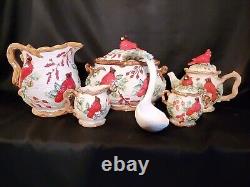 Vintage Christmas Cardinal Tureen, Pitcher, Tea Pot Set. 5 Pc