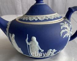 Vintage Cobalt Blue Wedgwood Jasperware 3 Pc. Tea Set, England Teapot Crm & Suga