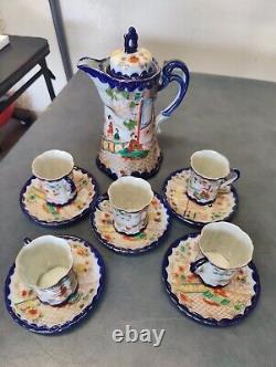 Vintage Cobalt & Gold Japanese Porcelain Chocolate Geisha Tea Pot Set 12 Pieces