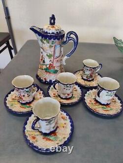 Vintage Cobalt & Gold Japanese Porcelain Chocolate Geisha Tea Pot Set 12 Pieces