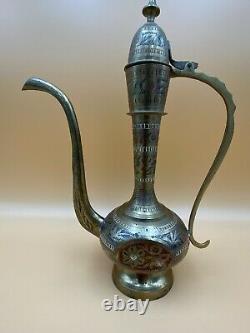 Vintage Colorful Brass Middle Eastern Ornate Tea Set, Service for 6