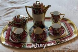 Vintage Czechoslovakia Gold Gilt Tea Set, Tea Pot, Creamer, Sugar, 3 Demitasse