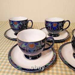 Vintage Denby England Pottery Baroque Blue Tea Set-Tea Pot with 6 Cups & Saucers
