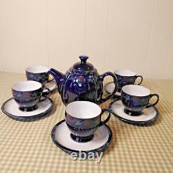 Vintage Denby England Pottery Baroque Blue Tea Set-Tea Pot with 6 Cups & Saucers