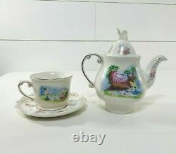 Vintage Disney Parks Alice In Wonderland Tea Set Porcelain Teapot 4 Pc