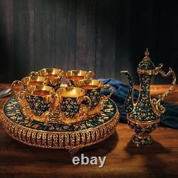 Vintage Extra Large Turkish Coffee & Tea Pot Set for 6 Crystal Tray Blue 480ml