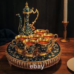 Vintage Extra Large Turkish Coffee & Tea Pot Set for 6 Crystal Tray Blue 480ml