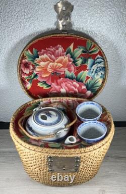 Vintage Fine 3pc Asian Tea Set with Woven Wicker Carrying Warmer Basket Signed