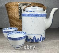 Vintage Fine 3pc Asian Tea Set with Woven Wicker Carrying Warmer Basket Signed