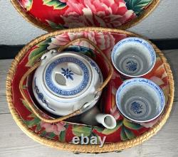 Vintage Fine 3pc Asian Tea Set with Woven Wicker Carrying Warmer Basket Signed