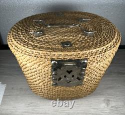 Vintage Fine 3pc Asian Tea Set with Woven Wicker Carrying Warmer Basket Signed