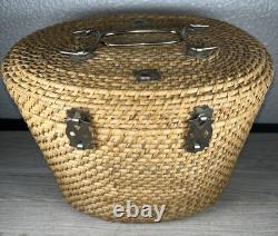 Vintage Fine 3pc Asian Tea Set with Woven Wicker Carrying Warmer Basket Signed