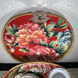 Vintage Fine 3pc Asian Tea Set with Woven Wicker Carrying Warmer Basket Signed