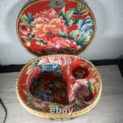 Vintage Fine 3pc Asian Tea Set with Woven Wicker Carrying Warmer Basket Signed