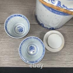 Vintage Fine 3pc Asian Tea Set with Woven Wicker Carrying Warmer Basket Signed