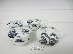 Vintage Fine Porcelain Small Tea Pot & 3 Lidded Tea Cups 8pc Set, Artist Signed