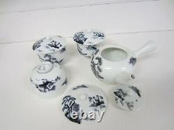 Vintage Fine Porcelain Small Tea Pot & 3 Lidded Tea Cups 8pc Set, Artist Signed