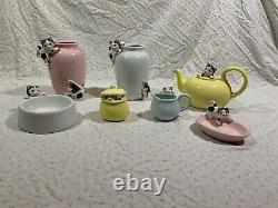Vintage Fitz And Floyd Pastel Kittens Collection Vase Teapot Tea Set
