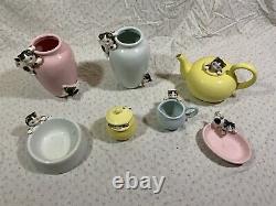 Vintage Fitz And Floyd Pastel Kittens Collection Vase Teapot Tea Set