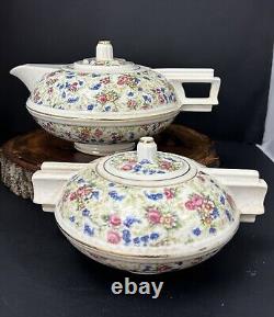 Vintage French Art Deco Ceramic Tea Pot and Sugar Bowl Set