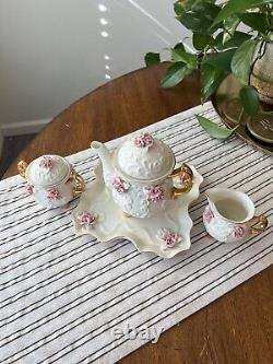 Vintage German Fairytale Pink and White Relief Teapot Set