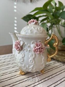 Vintage German Fairytale Pink and White Relief Teapot Set