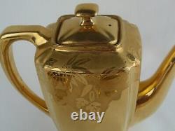 Vintage German Gold Encased Porcelain Tea Set Teapot Sugar Creamer Poinsettia