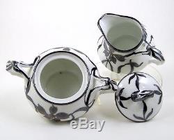 Vintage German Porcelain Teapot Tea Set Art Nouveau Silver Overlay Split Handle