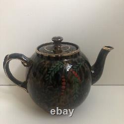 Vintage Gibson's Made In England Tea Pot Gold Trim Drip Glaze Cherry Tree # A587