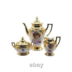 Vintage Gold Porcelain Teapot, Creamer & Sugar with Hand Painted Figural Portraits
