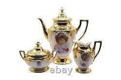 Vintage Gold Porcelain Teapot, Creamer & Sugar with Hand Painted Figural Portraits