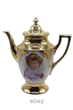 Vintage Gold Porcelain Teapot, Creamer & Sugar with Hand Painted Figural Portraits