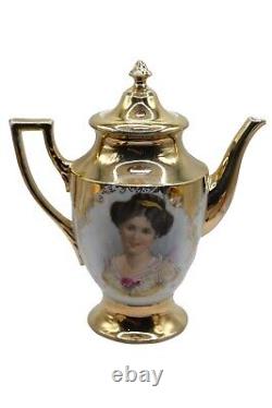 Vintage Gold Porcelain Teapot, Creamer & Sugar with Hand Painted Figural Portraits
