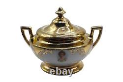 Vintage Gold Porcelain Teapot, Creamer & Sugar with Hand Painted Figural Portraits