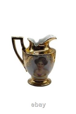 Vintage Gold Porcelain Teapot, Creamer & Sugar with Hand Painted Figural Portraits