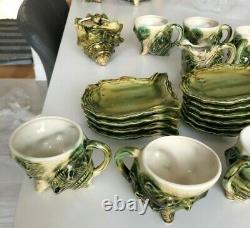 Vintage Green Majolica Conch Oyster Shell Tea Cup & Saucer Set of 10 & Teapot