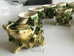 Vintage Green Majolica Conch Oyster Shell Tea Cup & Saucer Set of 10 & Teapot