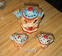 Vintage Hand Painted Ceramic Clown Children's Teapot Sugar Bowl &Creamer Set