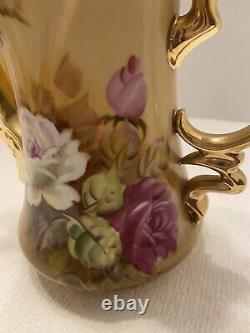 Vintage Hand Painted Lefton China Tea Set Pink Rose Flower On Beige And Gold Pot