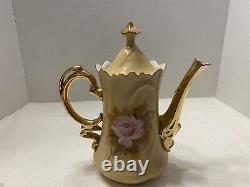 Vintage Hand Painted Lefton China Tea Set Pink Rose Flower On Beige And Gold Pot