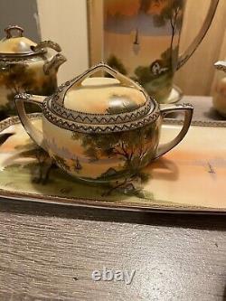 Vintage Hand Painted Nippon Chocolate Set/tea Set Sailboat Trees 17 Pieces Spoon