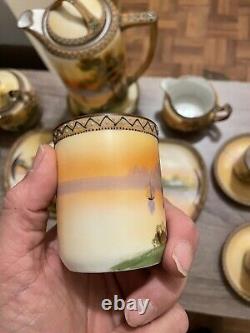 Vintage Hand Painted Nippon Chocolate Set/tea Set Sailboat Trees 17 Pieces Spoon