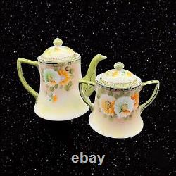 Vintage Hand Painted Teapot w Sugar Bowl Japan Green Flower Set Lot 2 Pcs