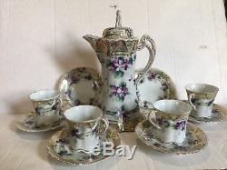 Vintage Hand-painted Violets Chocolate Tea Set Gold Trim Unmarked Nippon Pot Cup